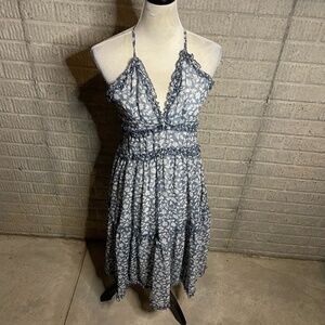 NWT Angel Biba Blue White Floral Low Back‎ Criss Cross Tiered Dress Size XS